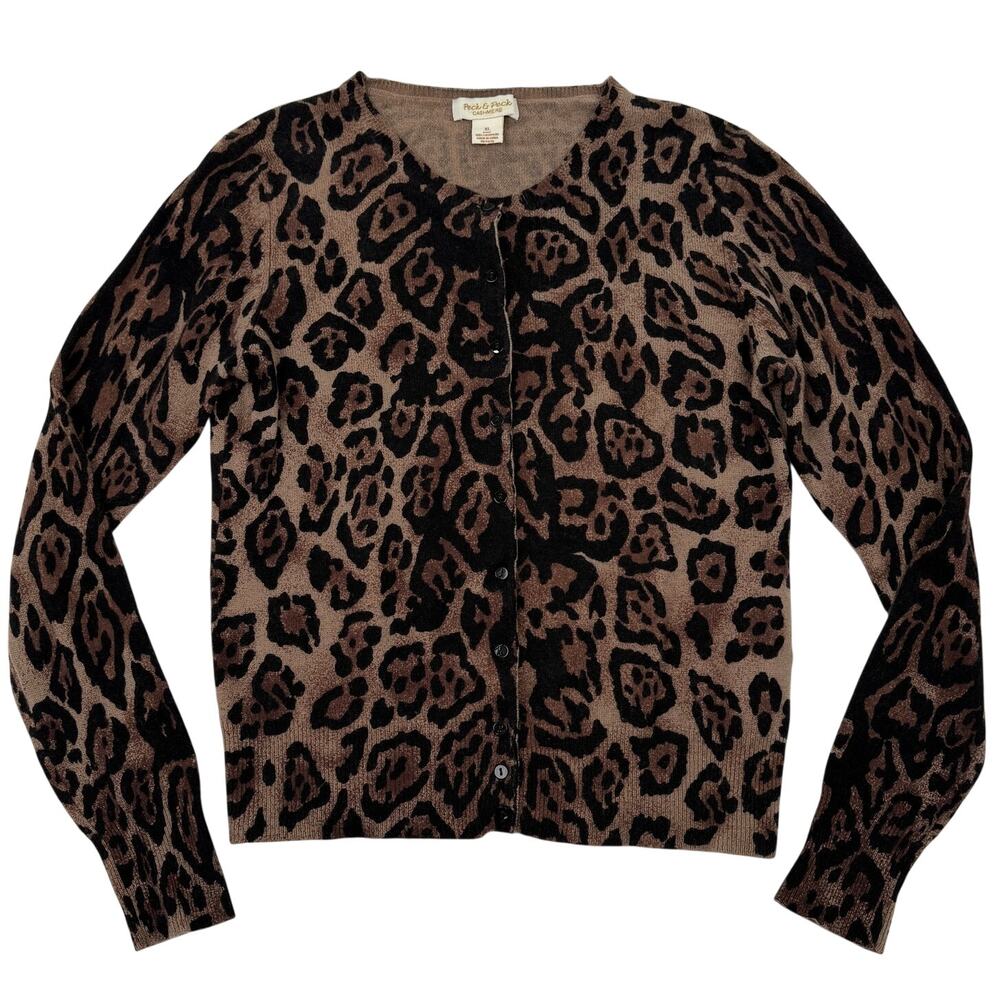 Peck & Peck 2 Ply Cashmere Cardigan Leopard Ocelot Animal Print XL Cozy Sweater